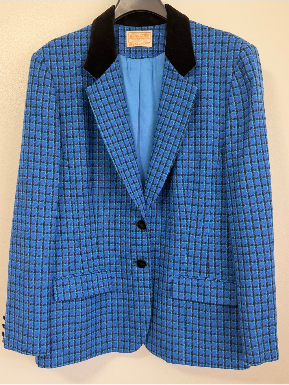 VTG Pendleton Wool Blazer Jacket Blue Black Houndstooth Plaid Velvet Collar 16
